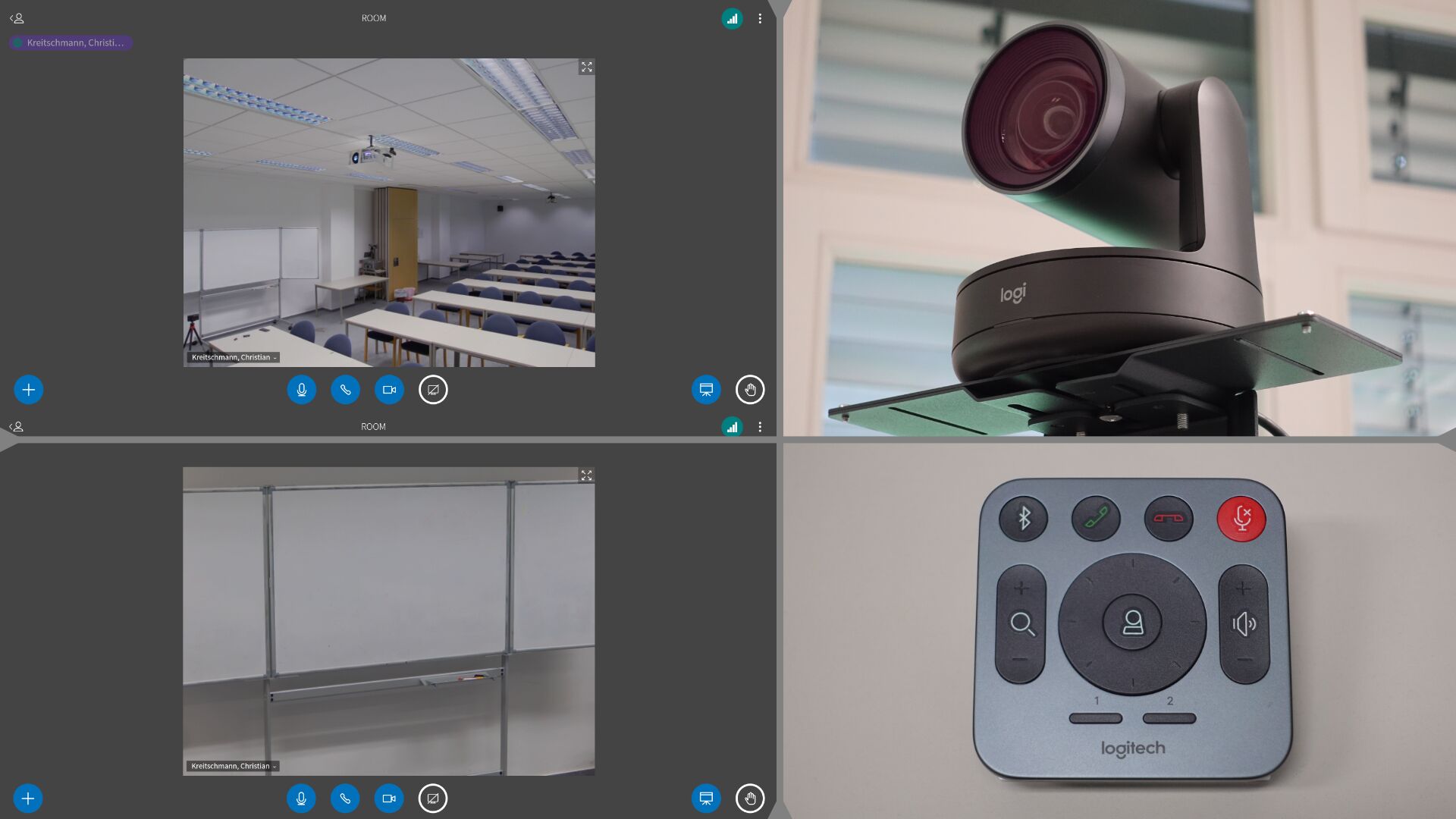 Bildstrecke mit vier Bilder: Webcam-Videobild eines Seminarraumes, Webcam-Videobild einer herangezoomten Tafel, Foto der Webcam des Konferenzystems, Foto der Webcam-Fernbedienung