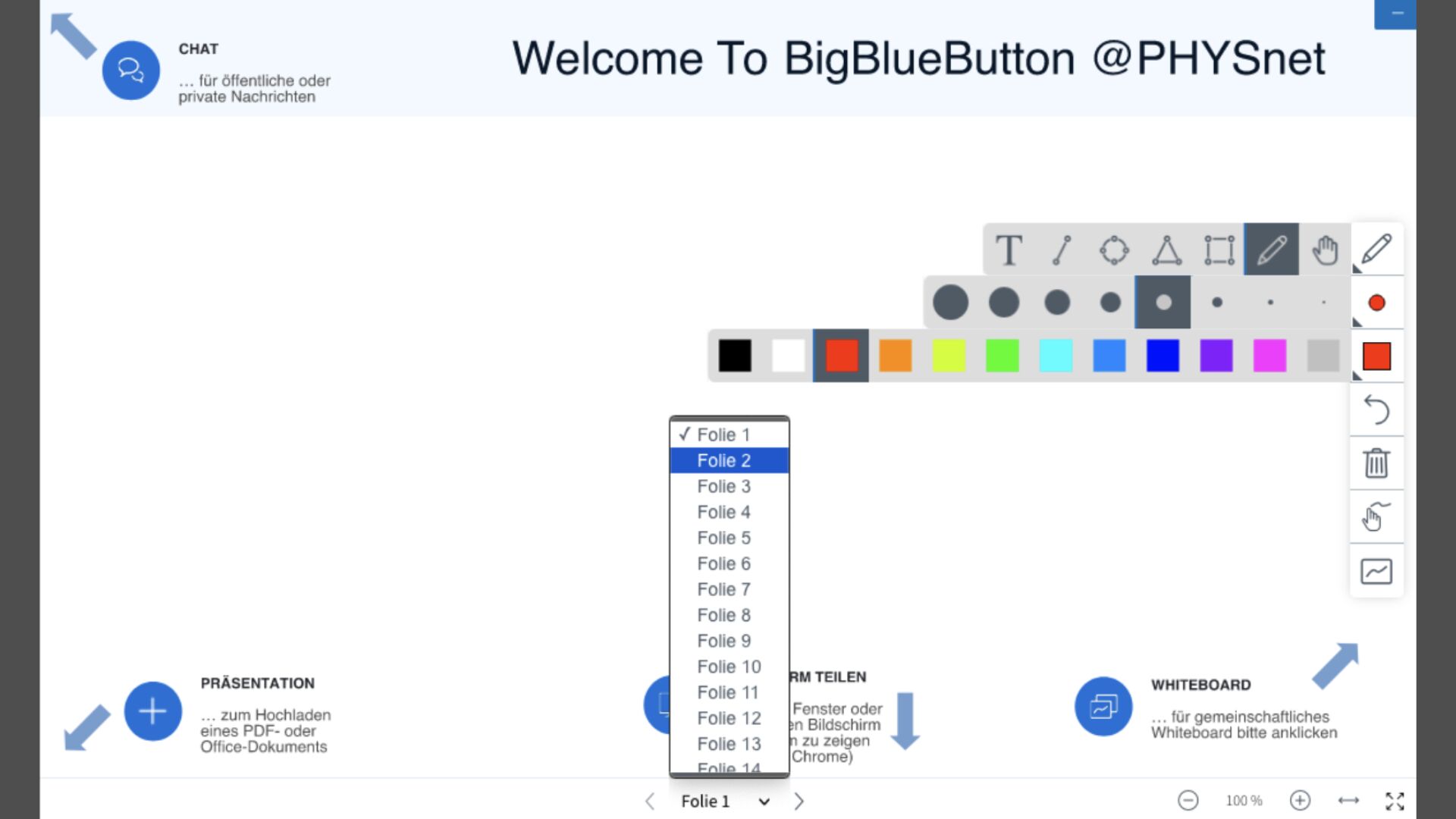 Screenshot des BigBlueButton-Whiteboards, Menüs verschiedener Zeichenwerkzeuge und das Menü zum Umschalten von Folien werden angezeigt.