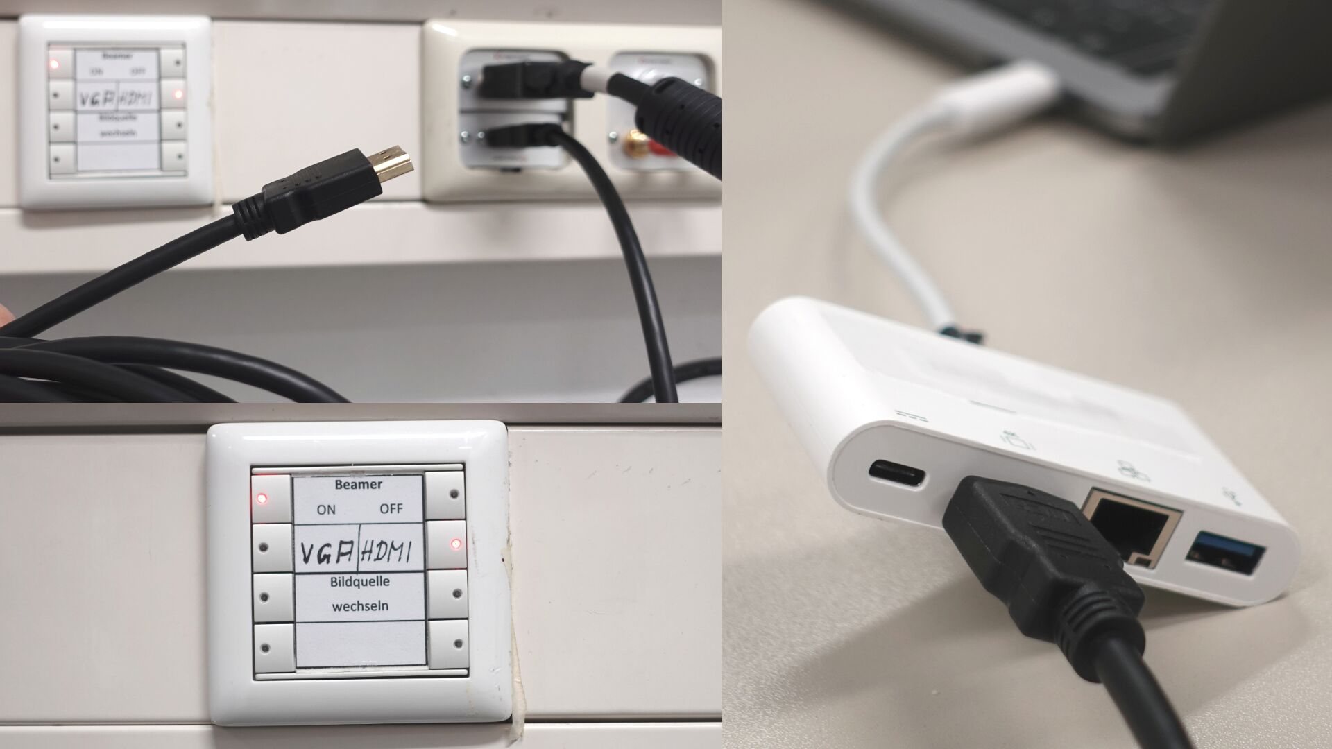 Bilderstrecke mit drei Fotos: Das Einschaltfeld für den Beamer auf 'ON' und 'HDMI' geschaltet, ein HDMI-Kabel, ein in einen HDMI-Adapter gestecktes HDMI-Kabel ist mit einem Rechner verbunden.