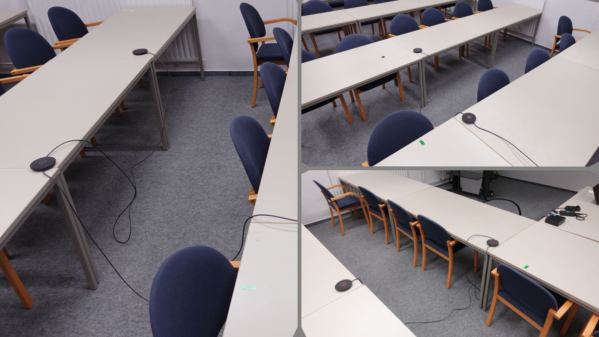 Bilderstrecke, die zeigt, wie zwei Mikrofone über eine erste Tischreihe hinweg auf den Tischen einer zweiten Tischreihe verteilt werden können.
