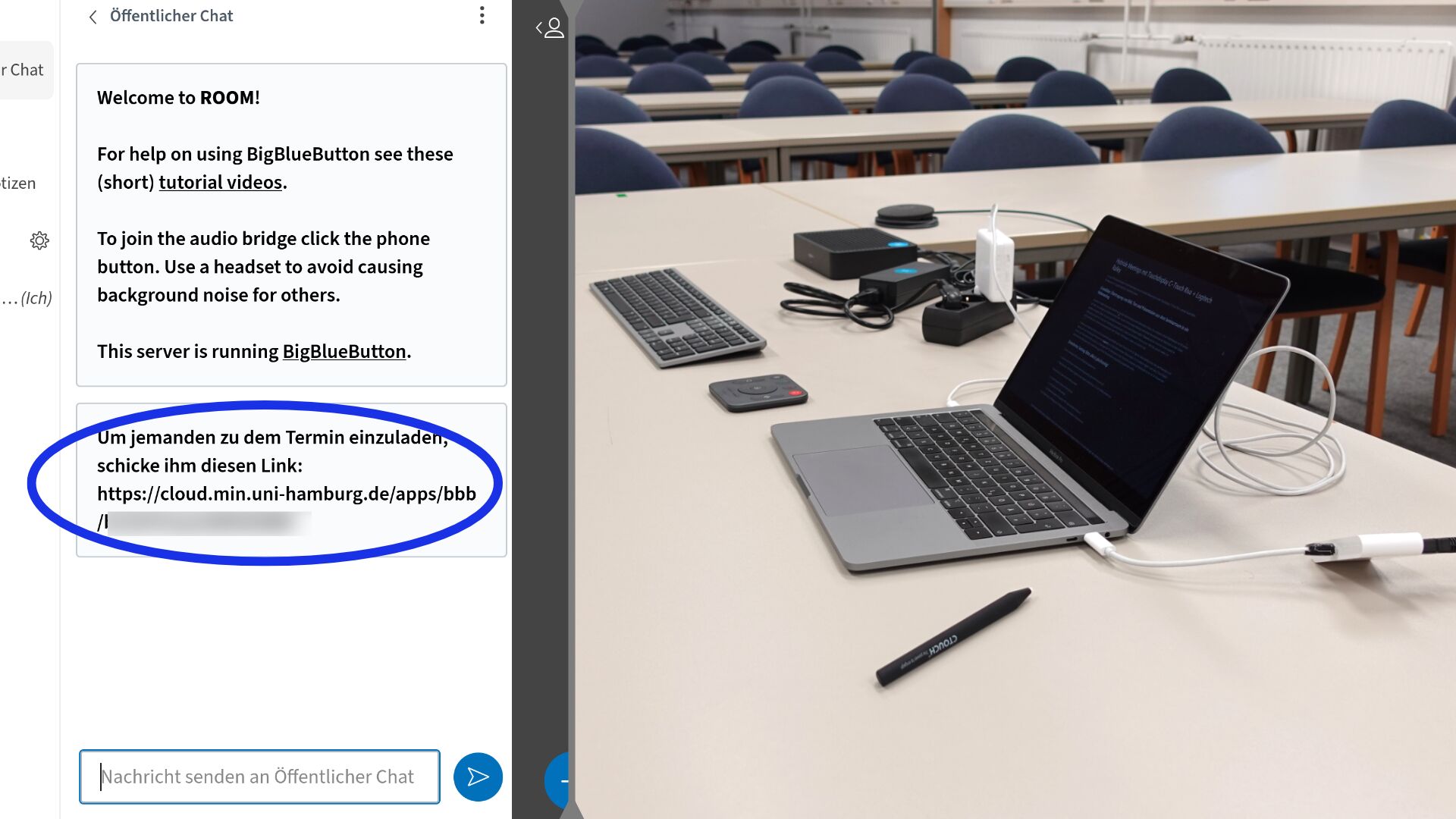 Bildstrecke mit zwei Bildern: Screenshot eines Webmeetings, der Link zum Meeting ist markiert. Daneben das Foto des angeschlossenen Präsentationsrechners auf dem Tisch.
