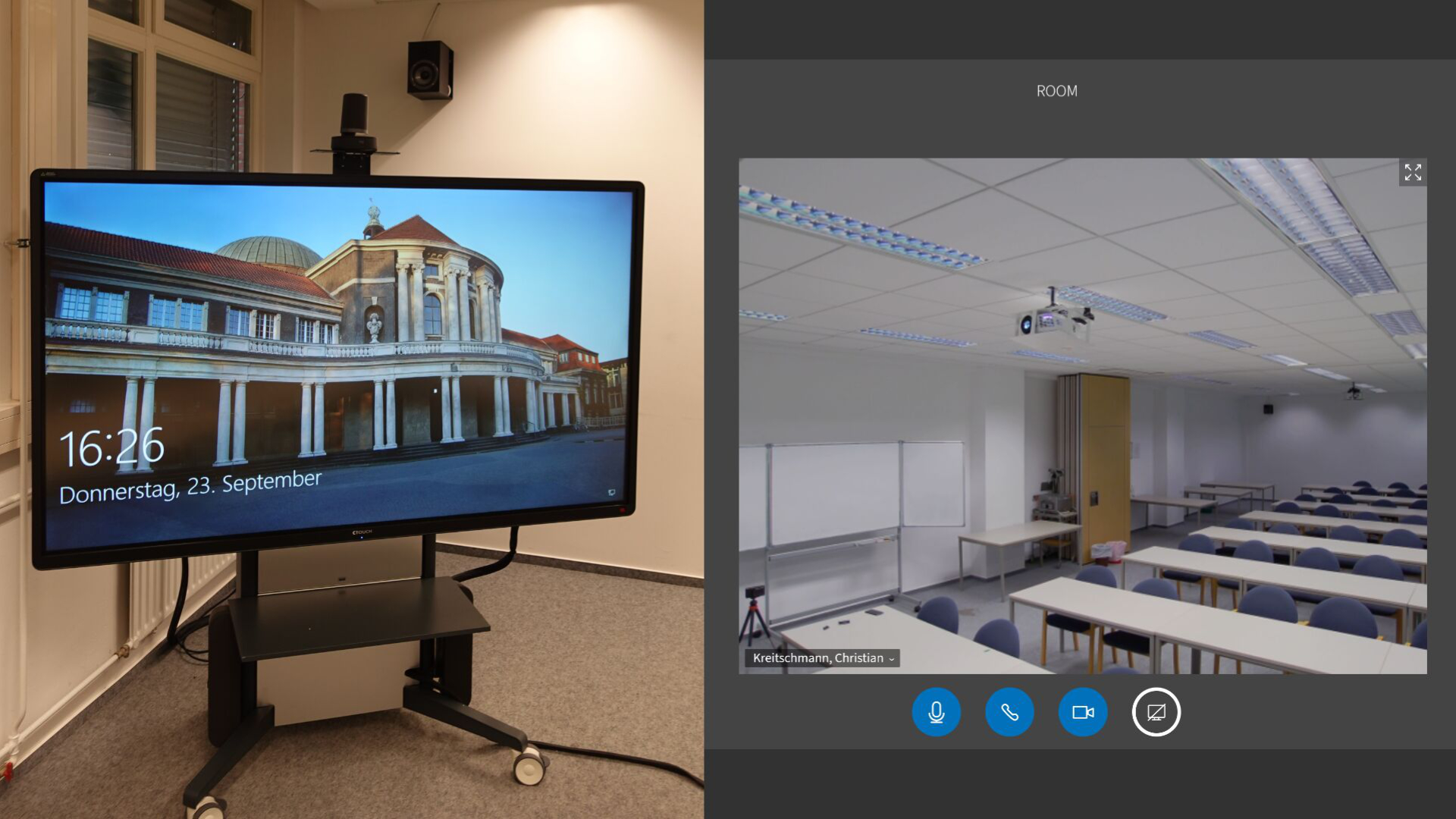 Bild einer Webkonferenzanlage im Seminarraum. Daneben das Webcam-Bild dieses Seminarraumes.