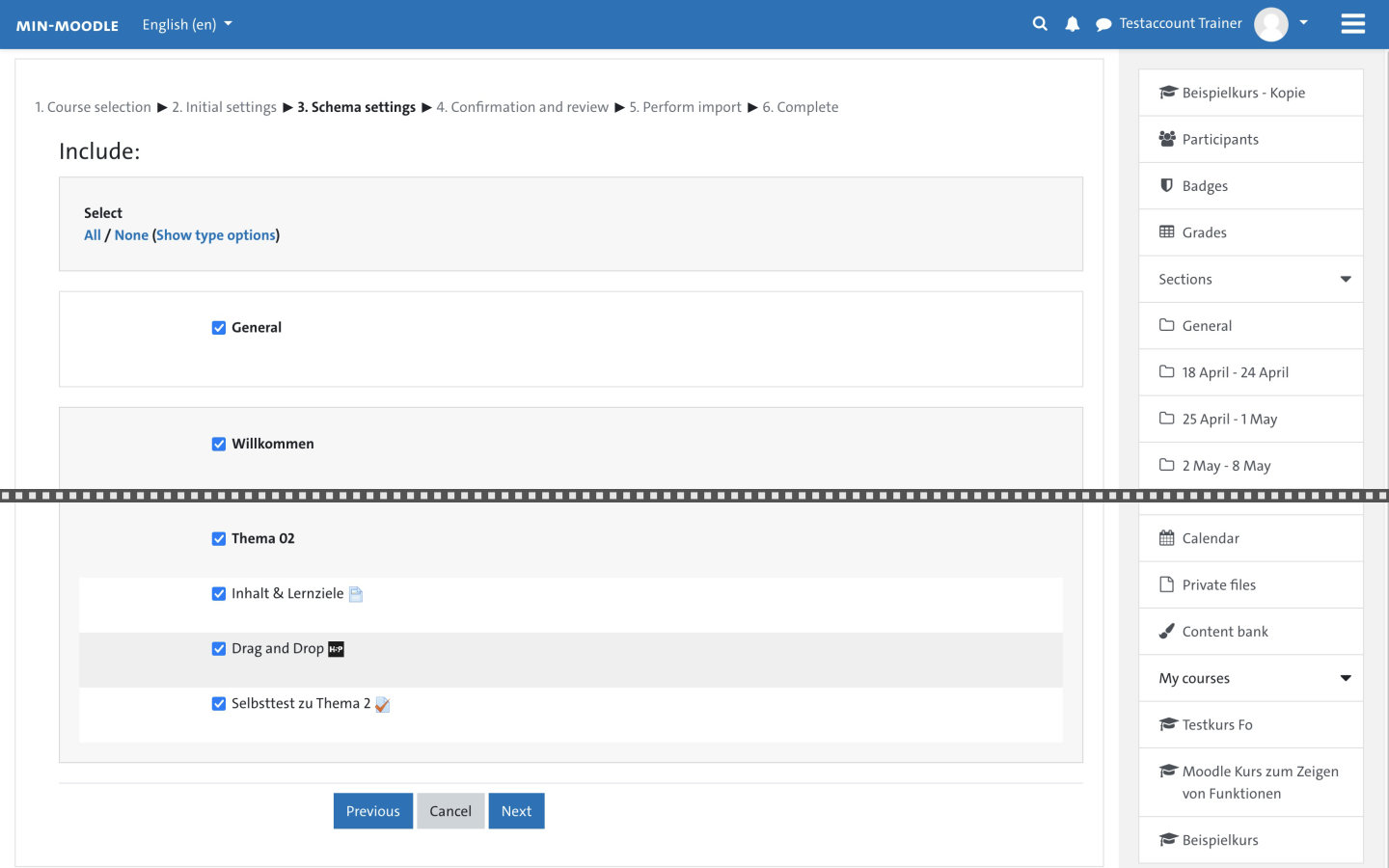 Screenshot: Course import dialog box - 3rd schema settings